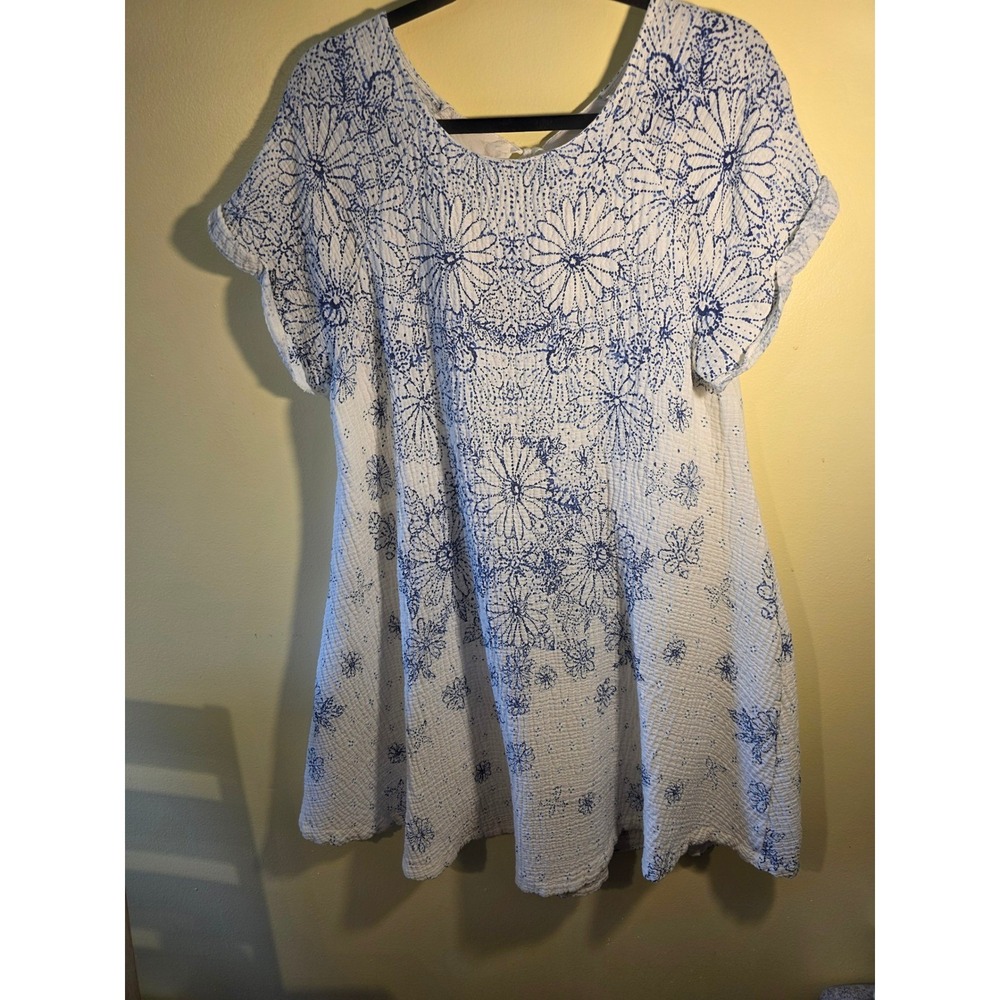 Free People Heart Cutout Back Floral Mini Dress Blue White Cotton Gauze Medium